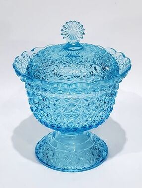 1960s Aqua Blue Daisy and Button Glass Covered Compote Fenton for L.G. Wright